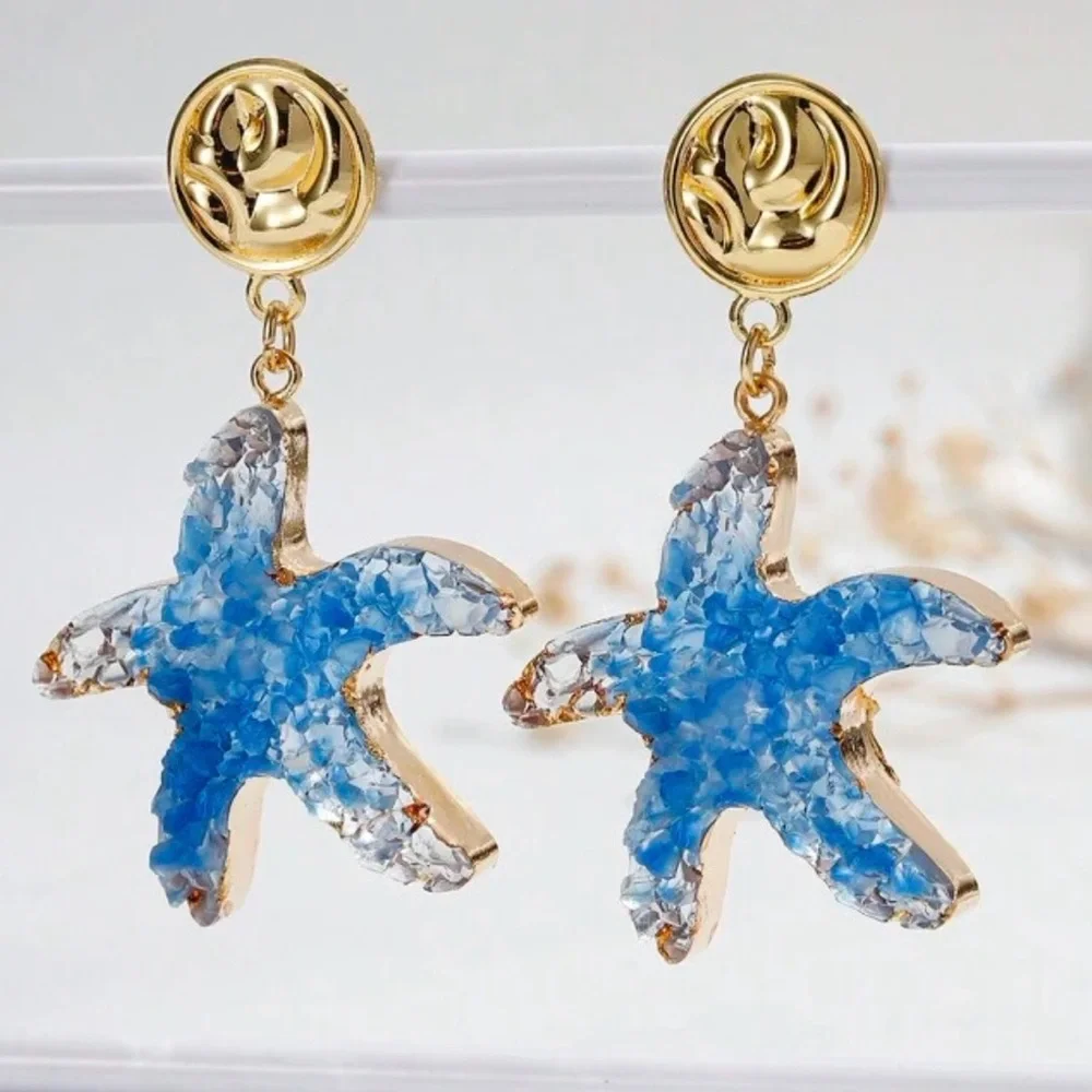 “Blue Druzy Starfish” Gold Dipped Geode Ocean Sea Marine Tropical Steel Earrings - Picture 2 of 11